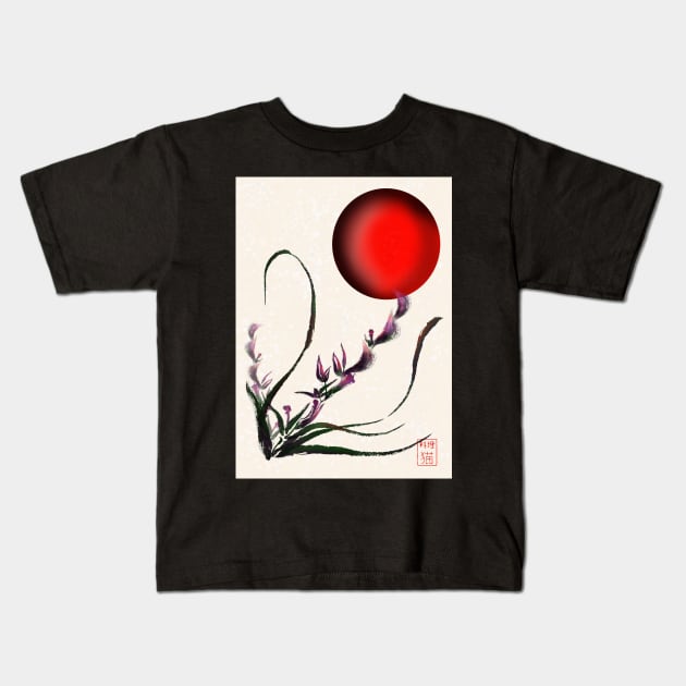 Sumi-e orchid with red rising sun Kids T-Shirt by cuisinecat